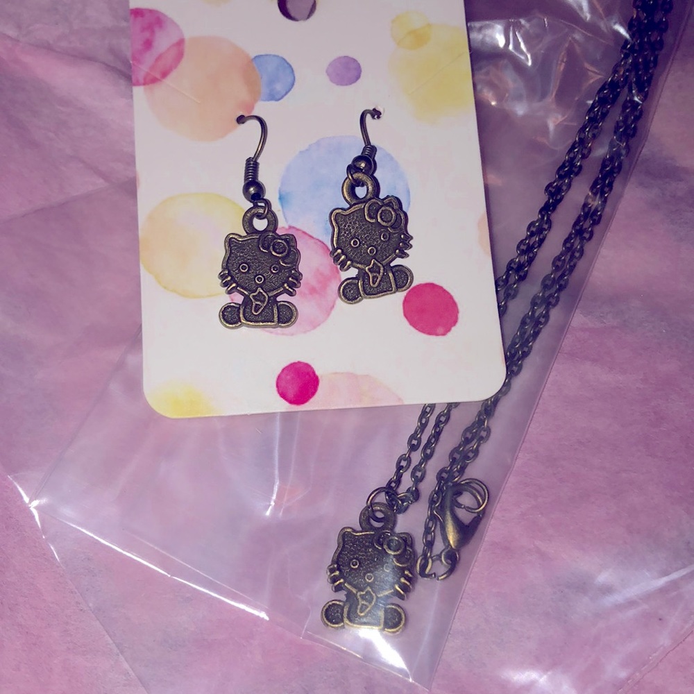 Hello kitty, vintage style earrings, and necklace set